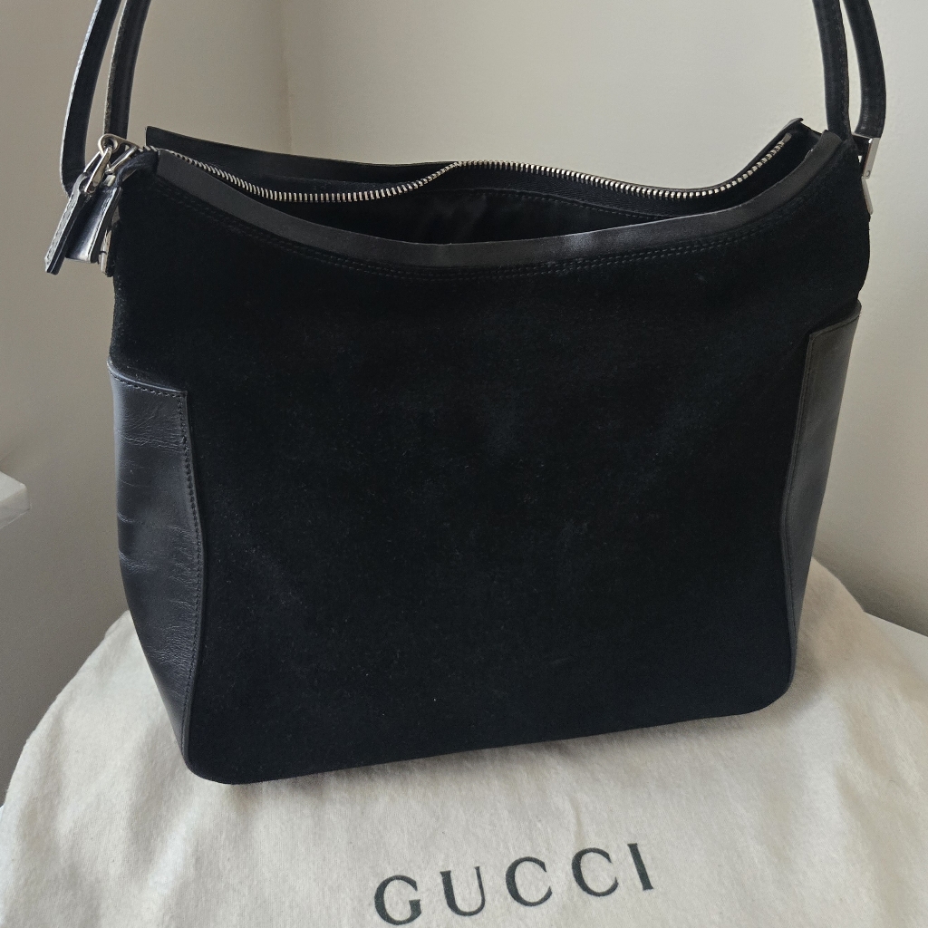 Gucci Black Suede And Leather Zip Shoulder Bag